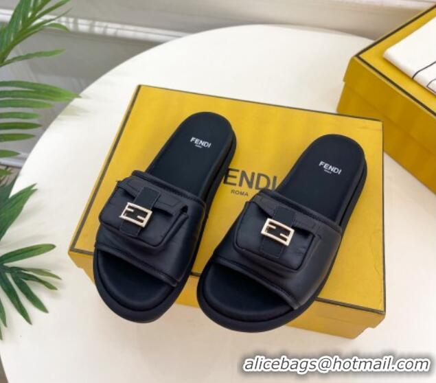 Elegant Fendi Baguette Pouch Fabric Flat Slide Sandals Black 703130