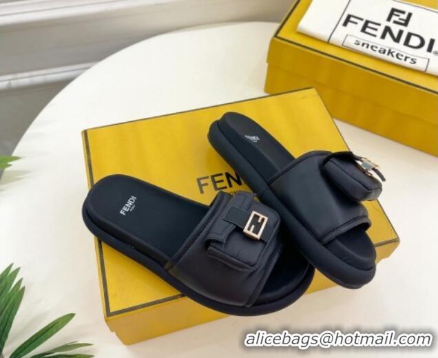 Elegant Fendi Baguette Pouch Fabric Flat Slide Sandals Black 703130