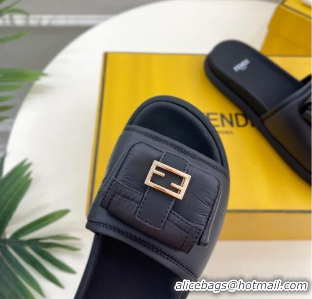 Elegant Fendi Baguette Pouch Fabric Flat Slide Sandals Black 703130