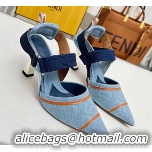 Most Popular Fendi Colibri High-heeled Slingbacks Pumps 8cm in Denim with Embroidery Blue 711032