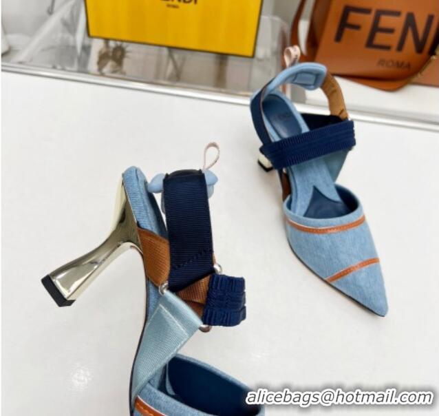 Most Popular Fendi Colibri High-heeled Slingbacks Pumps 8cm in Denim with Embroidery Blue 711032