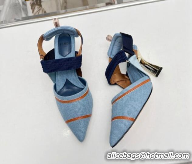 Most Popular Fendi Colibri High-heeled Slingbacks Pumps 8cm in Denim with Embroidery Blue 711032