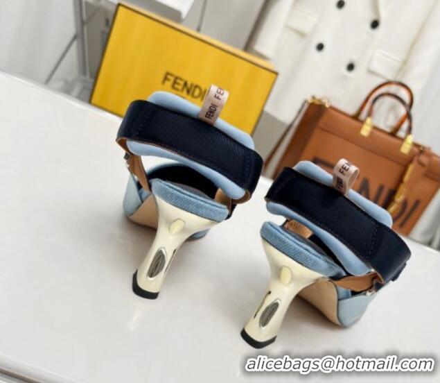 Most Popular Fendi Colibri High-heeled Slingbacks Pumps 8cm in Denim with Embroidery Blue 711032