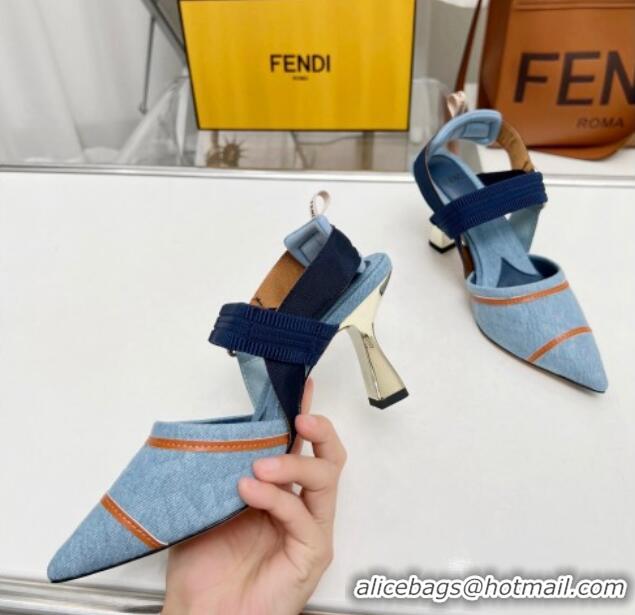 Most Popular Fendi Colibri High-heeled Slingbacks Pumps 8cm in Denim with Embroidery Blue 711032