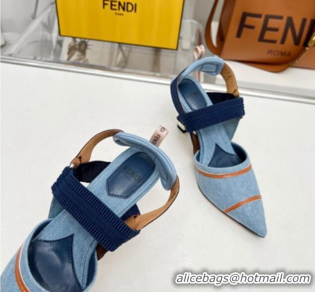 Most Popular Fendi Colibri High-heeled Slingbacks Pumps 8cm in Denim with Embroidery Blue 711032