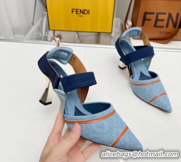 Most Popular Fendi Colibri High-heeled Slingbacks Pumps 8cm in Denim with Embroidery Blue 711032