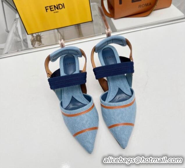 Most Popular Fendi Colibri High-heeled Slingbacks Pumps 8cm in Denim with Embroidery Blue 711032