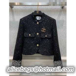 ​Most Popular Chanel Tweed Jacket with Sequin CH92862 Black 2023