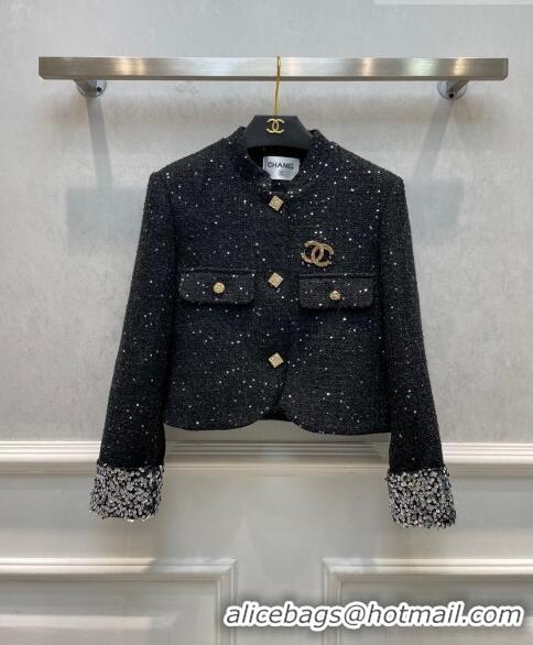 ​Most Popular Chanel Tweed Jacket with Sequin CH92862 Black 2023