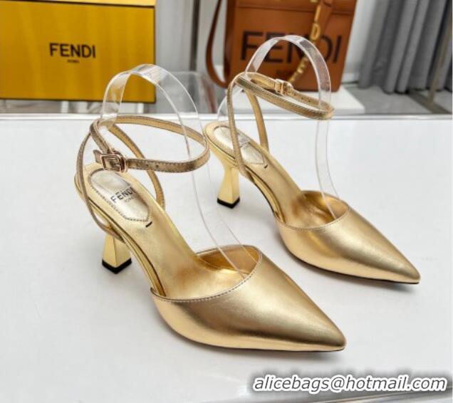 Popular Style Fendi Calfskin Pumps 8.5cm with Ankle Strap Gold 711033