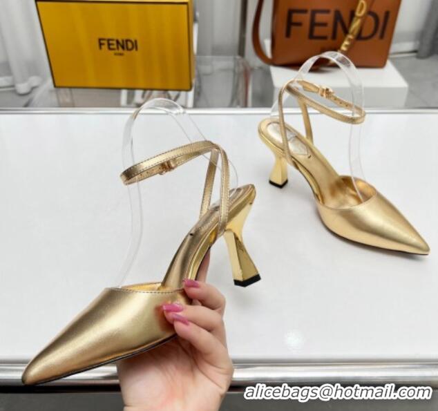 Popular Style Fendi Calfskin Pumps 8.5cm with Ankle Strap Gold 711033