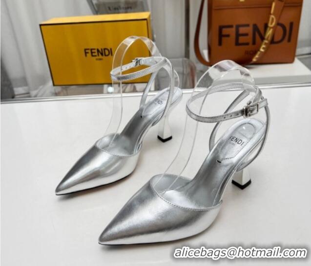 Discount Fashion Fendi Calfskin Pumps 8.5cm with Ankle Strap Silver 711037