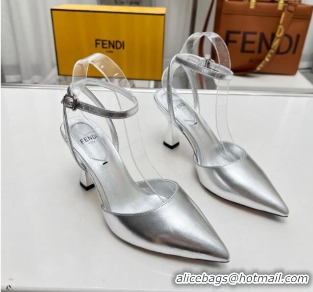 Discount Fashion Fendi Calfskin Pumps 8.5cm with Ankle Strap Silver 711037