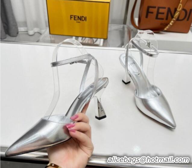 Discount Fashion Fendi Calfskin Pumps 8.5cm with Ankle Strap Silver 711037