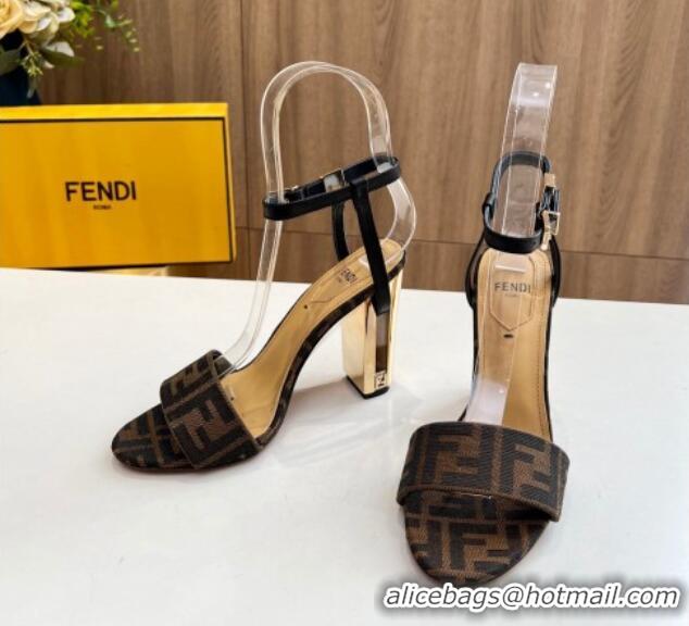 Good Quality Fendi Delfina Heel Sandals 9cm in FF Fabric 804089