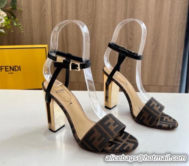 Good Quality Fendi Delfina Heel Sandals 9cm in FF Fabric 804089