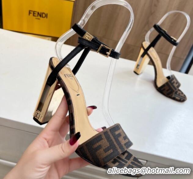 Good Quality Fendi Delfina Heel Sandals 9cm in FF Fabric 804089