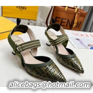 Unique Discount Fendi Colibrì Slingback Pumps 5.5cm in FF Mesh with Sequins Green/Nude 804090