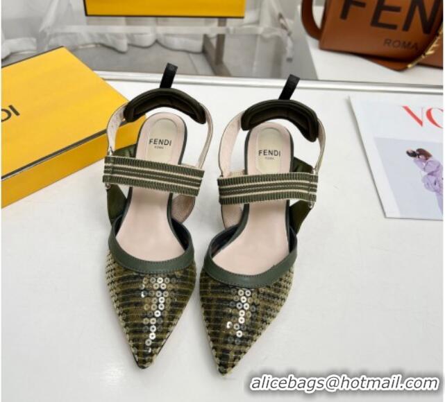 Unique Discount Fendi Colibrì Slingback Pumps 5.5cm in FF Mesh with Sequins Green/Nude 804090