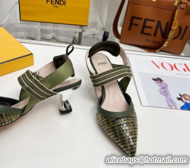 Unique Discount Fendi Colibrì Slingback Pumps 5.5cm in FF Mesh with Sequins Green/Nude 804090