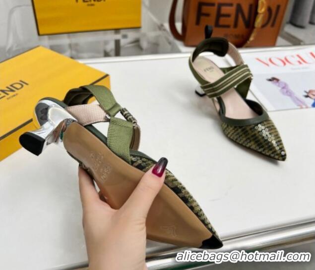 Unique Discount Fendi Colibrì Slingback Pumps 5.5cm in FF Mesh with Sequins Green/Nude 804090