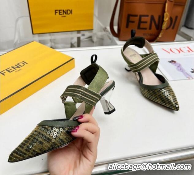 Unique Discount Fendi Colibrì Slingback Pumps 5.5cm in FF Mesh with Sequins Green/Nude 804090