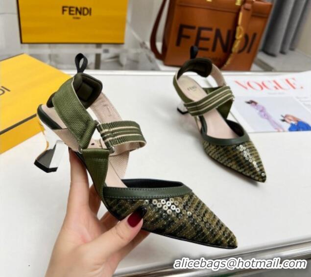 Unique Discount Fendi Colibrì Slingback Pumps 5.5cm in FF Mesh with Sequins Green/Nude 804090