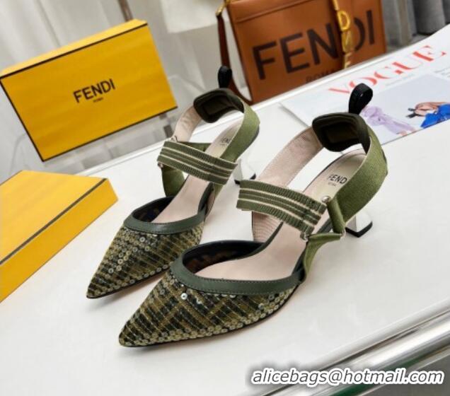 Unique Discount Fendi Colibrì Slingback Pumps 5.5cm in FF Mesh with Sequins Green/Nude 804090