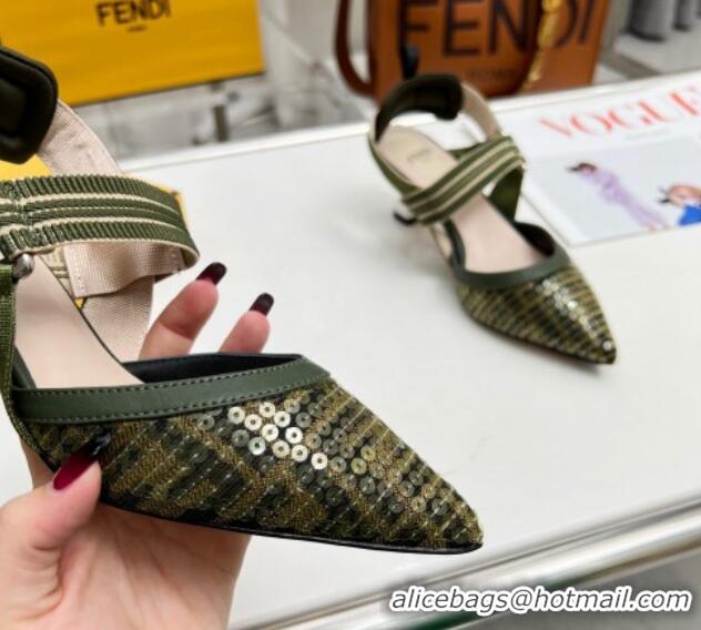 Unique Discount Fendi Colibrì Slingback Pumps 5.5cm in FF Mesh with Sequins Green/Nude 804090