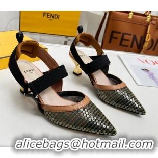 Pretty Style Fendi Colibrì Slingback Pumps 5.5cm in FF Mesh with Sequins Green/Brown 0804091