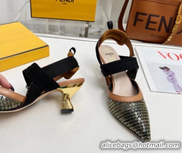 Pretty Style Fendi Colibrì Slingback Pumps 5.5cm in FF Mesh with Sequins Green/Brown 0804091