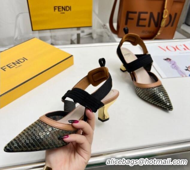 Pretty Style Fendi Colibrì Slingback Pumps 5.5cm in FF Mesh with Sequins Green/Brown 0804091