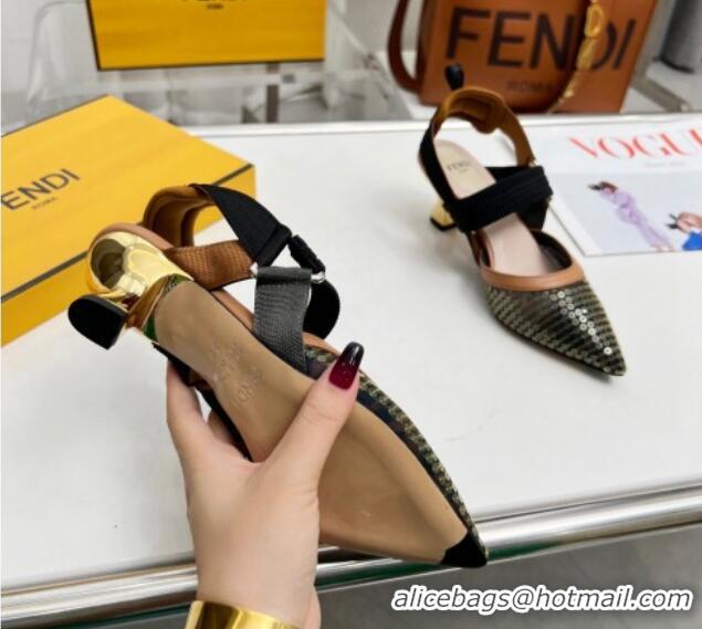 Pretty Style Fendi Colibrì Slingback Pumps 5.5cm in FF Mesh with Sequins Green/Brown 0804091