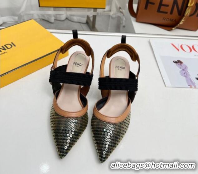 Pretty Style Fendi Colibrì Slingback Pumps 5.5cm in FF Mesh with Sequins Green/Brown 0804091