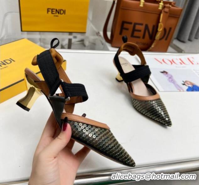 Pretty Style Fendi Colibrì Slingback Pumps 5.5cm in FF Mesh with Sequins Green/Brown 0804091