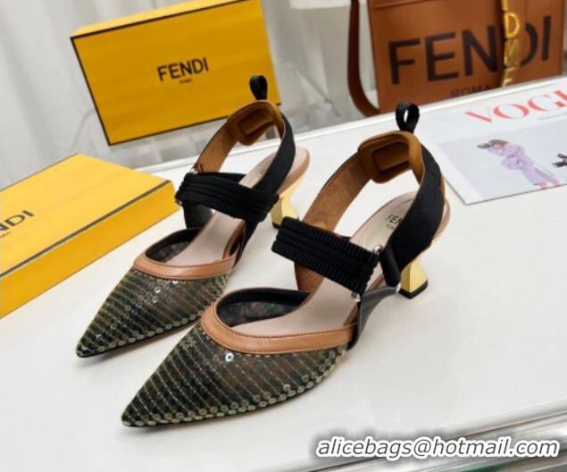 Pretty Style Fendi Colibrì Slingback Pumps 5.5cm in FF Mesh with Sequins Green/Brown 0804091