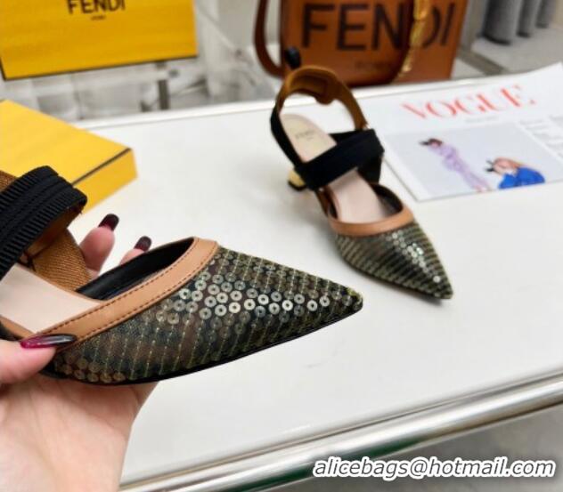 Pretty Style Fendi Colibrì Slingback Pumps 5.5cm in FF Mesh with Sequins Green/Brown 0804091