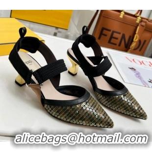 Top Grade Fendi Colibrì Slingback Pumps 5.5cm in FF Mesh with Sequins Green/Black 804092