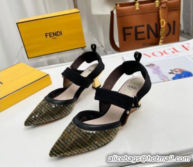 Top Grade Fendi Colibrì Slingback Pumps 5.5cm in FF Mesh with Sequins Green/Black 804092