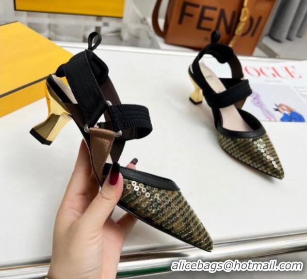 Top Grade Fendi Colibrì Slingback Pumps 5.5cm in FF Mesh with Sequins Green/Black 804092