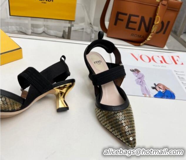 Top Grade Fendi Colibrì Slingback Pumps 5.5cm in FF Mesh with Sequins Green/Black 804092