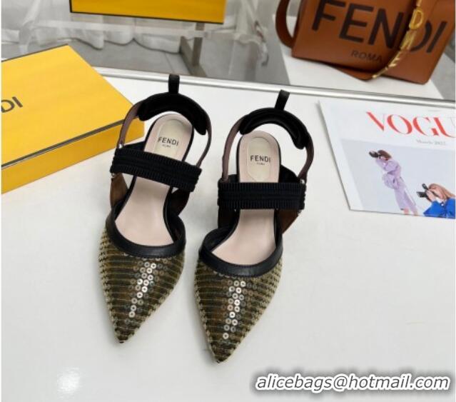 Top Grade Fendi Colibrì Slingback Pumps 5.5cm in FF Mesh with Sequins Green/Black 804092