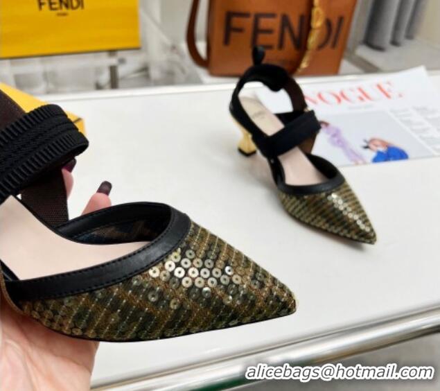 Top Grade Fendi Colibrì Slingback Pumps 5.5cm in FF Mesh with Sequins Green/Black 804092