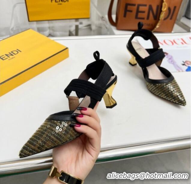 Top Grade Fendi Colibrì Slingback Pumps 5.5cm in FF Mesh with Sequins Green/Black 804092