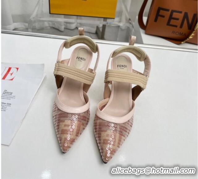 Shop Duplicate Fendi Colibrì Slingback Pumps 8.5cm in FF Mesh with Sequins Light Pink 804093