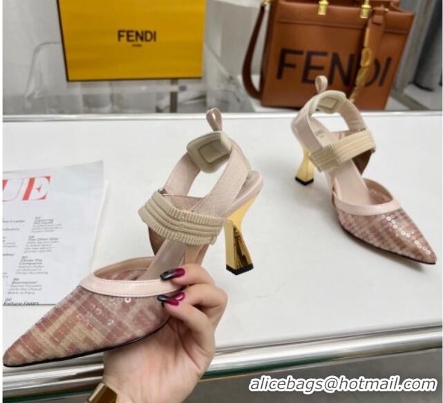 Shop Duplicate Fendi Colibrì Slingback Pumps 8.5cm in FF Mesh with Sequins Light Pink 804093