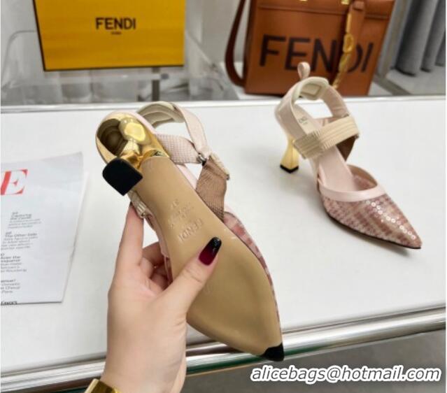 Shop Duplicate Fendi Colibrì Slingback Pumps 8.5cm in FF Mesh with Sequins Light Pink 804093