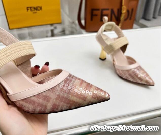 Shop Duplicate Fendi Colibrì Slingback Pumps 8.5cm in FF Mesh with Sequins Light Pink 804093