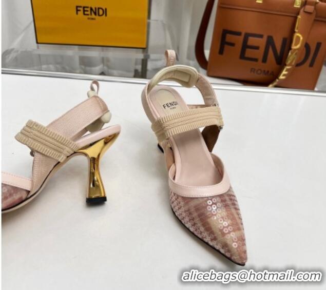 Shop Duplicate Fendi Colibrì Slingback Pumps 8.5cm in FF Mesh with Sequins Light Pink 804093