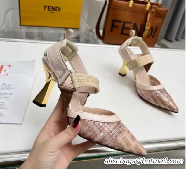 Shop Duplicate Fendi Colibrì Slingback Pumps 8.5cm in FF Mesh with Sequins Light Pink 804093